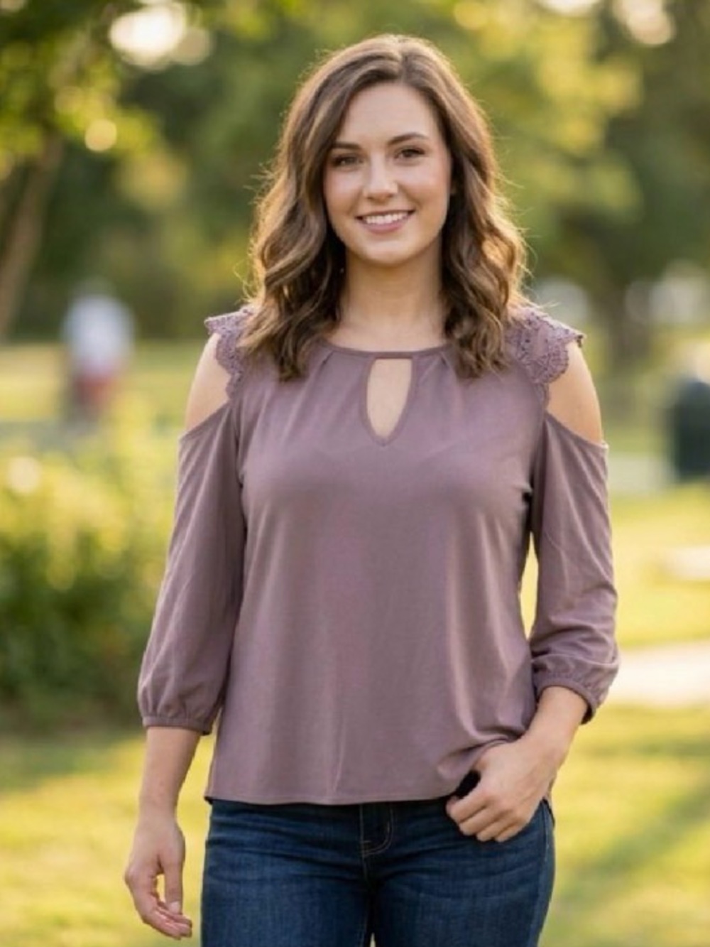 Jon & Anna Dusty Mauve Cold-Shoulder Lace Keyhole Blouse